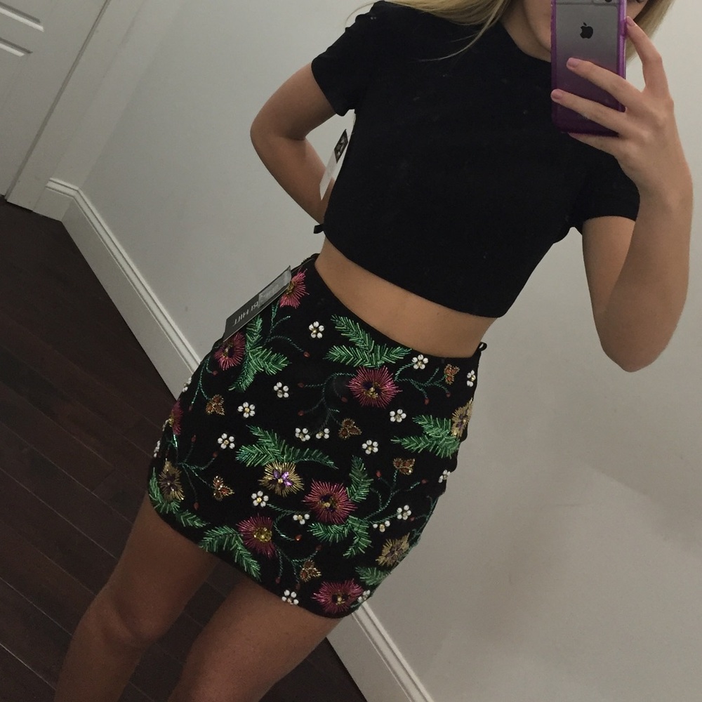 Sherri Hill Black Mini Skirt with Green, Pink and Gold Floral Embroidery